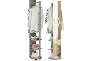 Warmiehomy 39X170cm Full Length Mirror with Coat Rack, 360° Solid Wood Swivel Freestanding Floor Long Mirror for Bedroom, Living Room, Cloakroom(Grey)