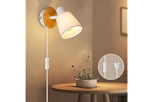 ‎KETOM Ketom E14 Wandleuchte Innen Weiß Rund, Wandlampe mit Schalter und Stecker Holz, Wandstrahler Vintage Retro, Verstellbare Stoff Wand Lampen für Wohnzimmer Schlafzimmer, Ohne Leuchtmittel