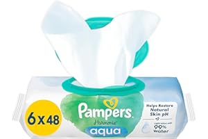 ‎PAMPERS Pampers Harmonie Aqua Feuchttücher 6 Packungen mit jeweils 48 Feuchttüchern, 288 Feuchttücher, die helfen, den natürlichen pH-Wert der Haut wiederherzustellen, leichte Lotion mit 99 Prozent Wasser