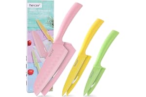 hecef Juego de 3 Cuchillos de Cocina con Fundas, Acero Inoxidable, Revestimiento Antiadherente de Colores, Santoku/Utilitario/Pelador, Regalo, Lavavajillas Saft