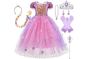 Kosplay Fille Robe de Princesse Raiponce avec Accessoires Déguisement de Princesse Tulle Maxi Anniversaire Fête Halloween Noël Partie Carnaval Cosplay Robe de Soirée 120
