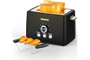 Toaster 2 Slice - ZACHVO Toaster with LCD Countdown Timer, 6 Browning Setting - 850W Bread Toaster with Warming Rack and Removable Crumb Tray - High Lift, Reheat, Defrost, Cancel Function