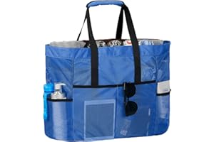 LIVACASA Bolsa de Playa Malla Grande Ligero con Cremallera Multi Bolsillos Cuerdas Antideslizante para Verano Piscina Playa