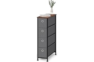 ‎WEEU WEEU Schrank Schmal Kommode mit 4 Schubladen aus Stoff Schränke Organizer Metall Schmales Aufbewahrungssystem Platzsparend für Wohnzimmer Schlafzimmer Büro Küche Schlafsaa Holz Stahl Schwarz & Grau
