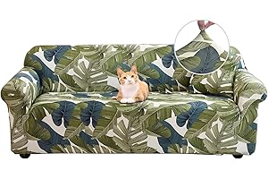 Jaotto Funda para Sofa 3 Plazas Funda Cubre Sofa Ajustable Fundas de Sofá Elasticas Extraíbles Lavables Antideslizante Protector Cubiertas de Sofá con Brazos de Sala de Estar,Hojas Verdes