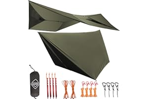 Onewind Bâche de hamac de 3,4 m, légère en silnylon, imperméable de 4 000 mm, solution d'abri multiple 4 saisons, tente de camping avec accessoires complets, vert