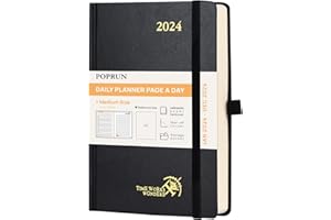POPRUN Agenda 2024 Journalier 21,5 x 14,5cm, 1 Page par jour de jan 2024 à déc 2024 avec Couverture Rigide, Signets ruban, Poche intérieure, Papier Certifié FSC®80 g/m²- Noir