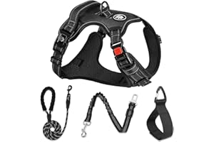 NESTROAD Anti-Pull Dog Harness Large Dog Lead Harness Set Black, Size XL for Dogs Large with Neck Circumference 43 - 64 cm Chest Circumference 53 - 89 cm, Includes Chest Harness, Dog Lead, Safety Belt