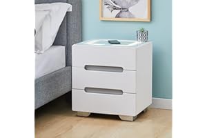 LEMROE Bedside Table with Smart Wireless Charger Nightstand with 3 Drawers Bedroom Cabinet with Adjustable LED Light Home Bedroom Furniture (3 drawers, White)