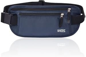 DAITET Pasek na pieniądze blokujący RFID dla mężczyzn i kobiet, wąski nerka na podróż, do biegania, ukryty portfel na paszport, telefon, gotówkę, Czarny ciemnoniebieski, Rfid Blocking & Belt Wide:1.45Inch,
