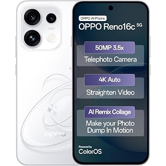 Oppo Reno16c 5G (Starry White, 8GB, 256GB) | 3D Design | 50MP 3.5X Telephoto Camera | 4K Video | AI Remix Collage | 7000mAh 80W SUPERVOOC | ColorOS 16
