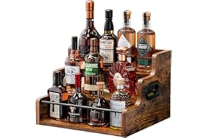 Doaizer Liquor Bottle Display Shelf, Wooden Coffee Syrup Rack Organizer, 3 Step Retro Countertop Liquor Wine Rack, Mini bar, Liquor Cabinet, Home Bar Shelf Stand Liquor Whiskey, Spirits for Party