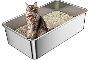 FUZHIK Lettiera per gatti in acciaio inox, grande XXL alta lettiera in metallo, antispruzzo, inodore e antiaderente, facile da pulire adatta per gatto grandi, piccoli e conigli, spaziosa 60x40x15cm