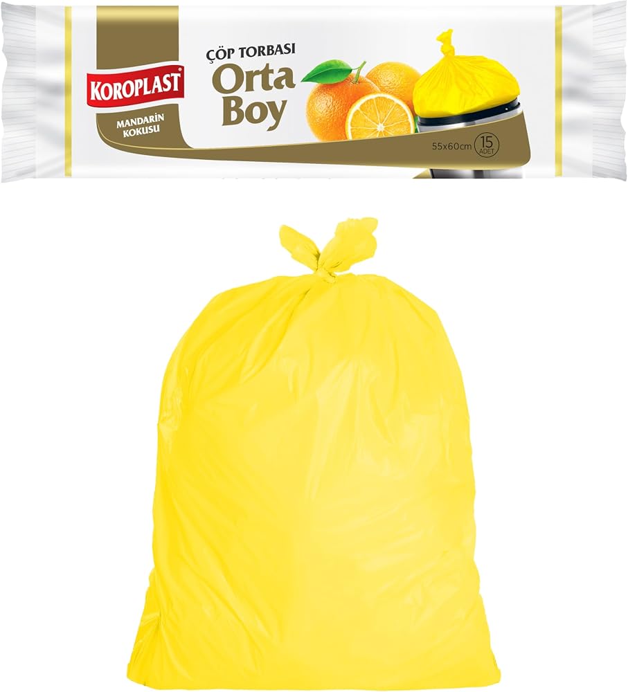 Koroplast Mandarin Kokulu Orta Boy Çöp Poşeti 15'li 55x60 cm, Sızdırmaz ve Yırtılmaz, Kötü Koku Karşıtı Kokulu Orta Boy Çöp Torbası, Geri Dönüştürülebilir Atık Torbası, Güçlü ve Dayanıklı Çöp Poşeti