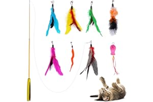 FurDreams Interactive Cat Wand Toy - Extendable Indoor Cat Toys, Feather Wand & Fishing Rod with 8 Colourful Bird Feathers & 2 Bonus Hooks for Engaging Play, Exercise, and Feline Activity