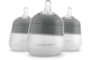 NANOBÉBÉ Flexy Lot de 3 biberons en silicone anti-coliques, sensation naturelle, mamelon non pliant, base stable, facile à nettoyer, gris 150 ml, (Sil-11)