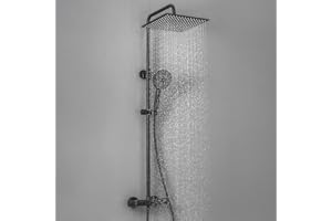 Auralum Columna Ducha Termostatica, Duchas de Baño Columna Altura Ajustable, Alcachofa de Ducha Grande 30x30 cm de Acero Inoxidable, Grifo de Latón (Negro)