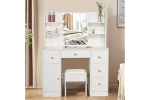 LIANWANG Tocador Grande con Luz, Brillo Regulable e 3 Temperaturas de Color, Mesa de Maquillaje con Espejo, 4 Compartimentos, 1 Gabinete, 1 Taburete, Blanco, 100x40x140cm