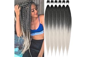 Xusuperb Lang Pre Stretched Braiding Haare Ombre Silver Grey 30 Zoll Easy Braids Extensions Schwarz Grau Kunsthaar zum Einflechten 6 Packs Soft Knotless Yaki-Textur Zöpfe Haarverlängerungen(T1B/Gray#)