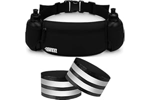 STEEL Ceinture Running Course à Pied, Sac Banane, 2 Brassard réfléchissant Gourde Souple Porte Bidon Poche Etanche Homme Femme pour Smartphone iPhone Samsung Galaxy, Confortable Jogging (All Black)