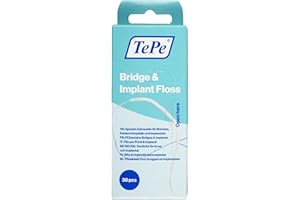TePe Filo per Ponti e Impianti, filo interdentale pfas-free, 30 pezzi, filo interdentale largo adatto per apparecchi ortodontici, ponti e impianti, filo efficace per rimozione della placca tra i denti