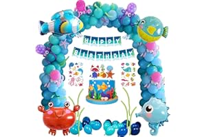 GEEKEO Decorazioni Compleanno Bambini,108pezzi Palloncini Compleanno Tema Mare Kit con Palloncini Animali Marini, Oceano Striscione Buon Compleanno per Addobbi Compleanno Bambino Bimbo Bambina