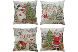 Hangood Christmas Cushion Covers Set of 4 pcs XMAS Design Home Decoration XMAS Throw Pillow Case Cover 18x18 inches 45cm x 45cm Vintage Snowman Santa Tree