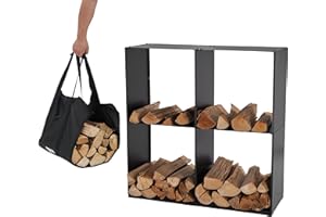 Lendo Online Scaffale per legna da ardere + Borsa per il trasporto, Portolegna, per interni ed esterni, per legna da ardere – deposito legna – nero – metallo (80x28x80cm)