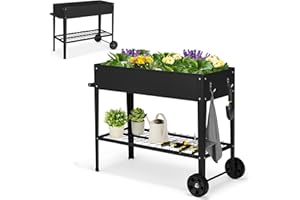 HOMASIS Cama Elevada para Jardín con 2 Ruedas, Maceta Grande Elevada de Metal con 2 Ganchos, Maceta Móvil para Verduras, Flores, Hierbas, Patio, 95 x 40 x 80 cm (Negro)