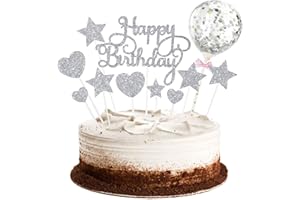 saizone Decoración para Tarta, 15 PCS para Tartas de Feliz Cumpleaños, Estrellas, Corazón, Cupcakes con Globo Brillante, Cupcakes de Cumpleaños, Decoración para Fiesta （Plata）