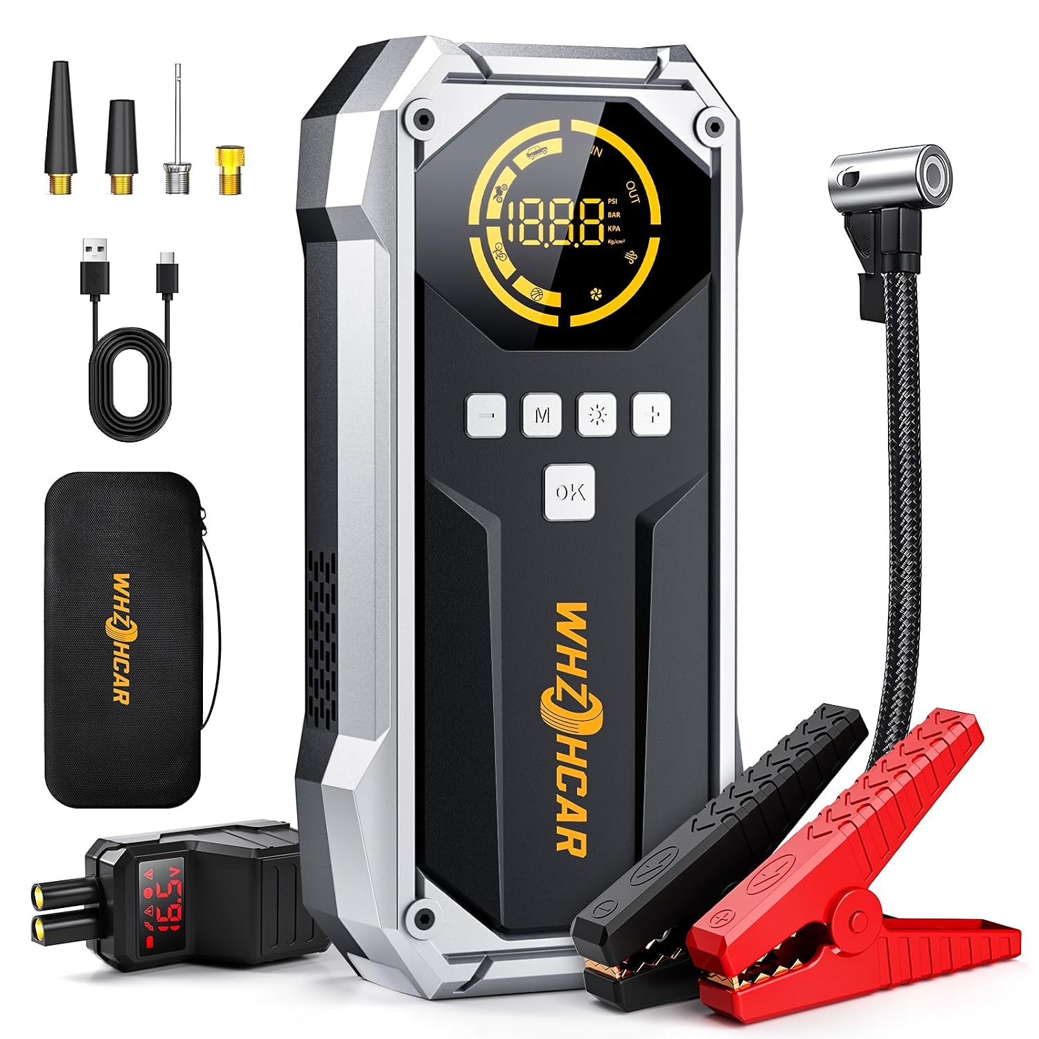 Jump Starter 9000A auto-accu booster met pomp 160 psi | 12 V accustarter voor alle benzine, diesel tot 12 l, ledlicht, lcd-display, geschikt voor koud weer en als cadeau