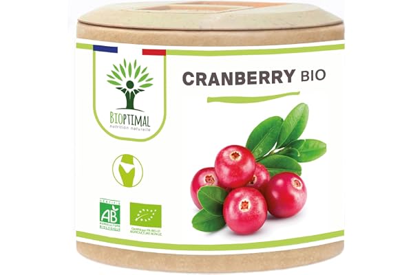 Cranberry Bio - Bioptimal - Complément Alimentaire - 100% Canneberge Sans Sucre - Infection Urinaire Cystite - 36mg de Proanthocyanidines par Jour - Fabriqué en France - Certifié Ecocert - 60 gélules