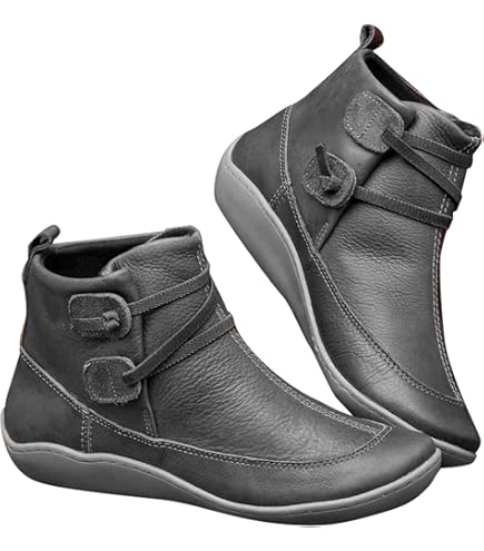 Bottines Plates Pour Femme En Simili Cuir Doux - Style Médiéval/rétro, Bout Rond, Lacets Et Fermeture éclair Latérale, Imperméables Pour L'hiver