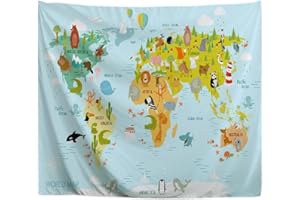 A.Monamour Arazzo da Parete Grande Mappa Del Mondo Con Animali Dei Cartoni Animati Per Bambini Telo Arazzi Tappezzeria Decorazione da Parete per Soggiorno Camera da Letto Dormitorio 180x230cm