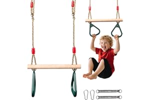 Lischwert Multifunctional Children's Wooden Height Adjustable Trapeze Swing with Plastic Gymnastics Rings for Hanging Maximum Load 150 kg