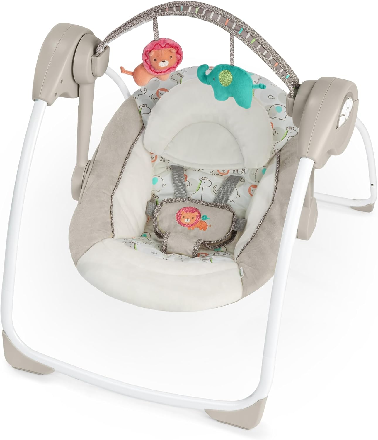 Ingenuity, Columpio Compacto y Plegable Cozy Kingdom - 6 Velocidades de Balanceo, 12 Melodías Calmantes, Arco de Juego Desmontable, 2 Juguetes de Peluche, Arnés de 5 Puntos, Desde Recién Nacido