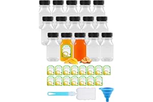 CoKeeSun 15 Pcs Juice Bottles 120ml/4oz Shot Bottles with Lids Reusable Mini Plastic Bottles Set with Funnel, Cleaning Brushes, Stickers for Storing Juices, Drinks, Milk, Water (Black Lids)