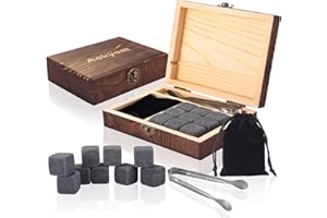 Aokyom Pierres à Whisky,Glacon Whisky Pierre 9 Pièces Whisky Glaçons Reutilisable Glaçon,Boîte en Bois avec Pinces et Pochette en Velours,Idée Cadeau Noël Original en Coffret Whisky Cadeau Homme