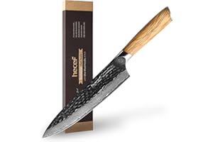 hecef Couteau de Chef Japonais 20CM, Acier Damas 67 Couches, Manche Bois d’Olivier – Forgé à la Main, Ultra Tranchant, Équilibre Parfait, Style Cadeau Premium, Idéal Cuisine Professionnelle