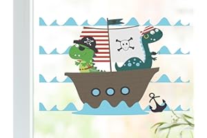 wolga-kreativ Fenstersticker Fensterdeko Fensterbilder Selbstklebend Piratenschiff Dino Aufkleber Sticker Fenster Kinder wiederverwendbar selbsthaftend selbstklebend Kinderzimmer