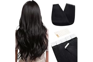 TESS Extensiones de Pelo Natural Adhesivas Negro Extensiones de Cabello Natural Adhesivas Extensiones 10 pcs Extensiones de Pelo Natural 45cm-25g,#1(Negro Oscuro)
