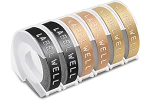 ‎LABELWELL 6x Labelwell 9mm x 3m Kompatibel 3D Prägeband Ersatz für Dymo Vinyl-Prägeetiketten Selbstklebend für Dymo Omega Etikettenprägegerät Junior Prägegerät Motex E-303 E-101, Schwarz/Gold/Champagnergold