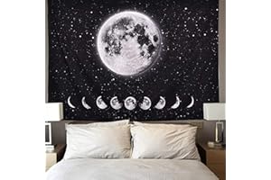 Arawat Wandteppich Mondphasen Wandtuch Mond Schwarz Weiß Wandteppich Mond Wanddeko Psychedelic Teppich Gothic Trippy Tapestry Wandteppiche Wandtuch Wandbehang Boho Wand Deko (150 x 130cm)