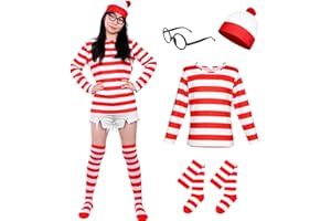 Alaiyaky Red and White Striped T-Shirt Set for Adult Kids, 90s Fancy Dress Striped Top with Beanie Hat Glasses Striped Socks, Halloween Costumes Book Day Outfit for Boys Girls Men Women