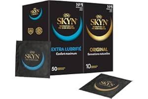 SKYN Lot de 60 Préservatifs : 50x Extra Lube (Extra Lubrifiés) + 10x Original (Classique) | Pour Homme | Ultra-Fins et Ultra-Doux sans latex | Taille Régulière Diamètre 53mm