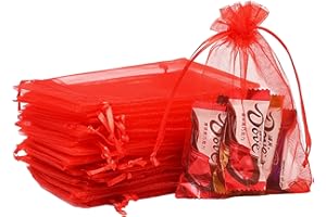 POPOYU 100 Pezzi Sacchetti Organza 7x9cm Rosso Con Coulisse per Regalo, Bomboniere, Matrimonio, Caramelle, Gioielli