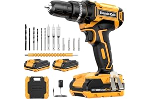 AKZWOXRO Cordless Drill Set 21V, Cordless Hammer Drill with 2 Batteries 2.0Ah, 25+3 Torque, 42N.m Max, 14PCS Drill Bits, 2 Speed, LED Light for Home and Garden DIY Project, Yellow