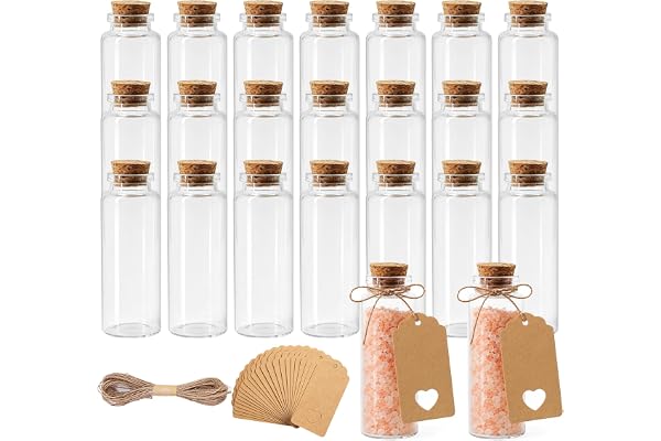 Yeria 22 stycken, mini glasflaskor med kork 40 ml, provrör | Mycket transparent, Tjockväggig, Stötsäker, Kraftpapperfäste, Jutesnöre, Bröllopsdeko, Gör-det-själv-pyssel