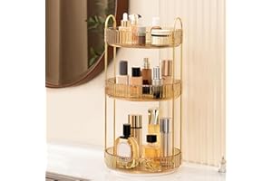 GLAMFORT Rotating Makeup Organiser, Acrylic 3 Tier Perfume Beauty Skincare Organiser, 360 Spinning Cosmetic Storage for Vanity Desk, Bedroom, Bathroom, Countertop, Gold