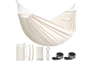 Chihee Hamaca de Algodón 300x150cm Suave Transpirable Hamaca de Camping Soporta hasta 300kg Portátil Hamacas para árboles con Barra Separadora Desmontable Almohada 2 Correas Resistentes 2 Ganchos